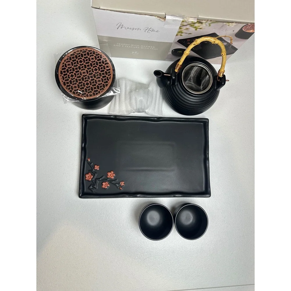 Maison Home Matte Black Ceramic Tea Set Teapot Warmer 2 Cups Tray Cherry Blossom